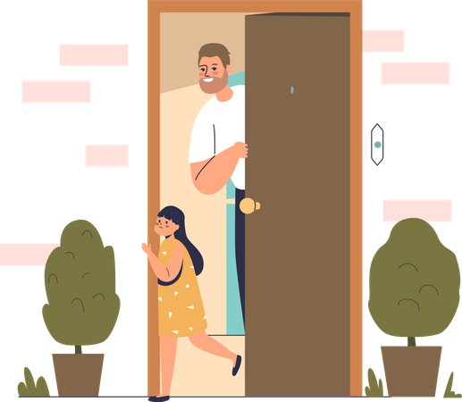 Dad standing at open front door at home  Illustration