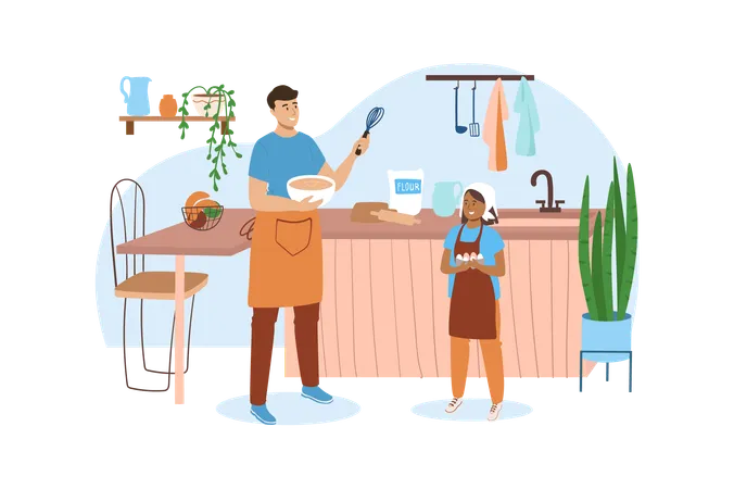 Kitchen Blue Concept With People Scene In The Flat Cartoon Style Dad Teaches His Son To Cook Different Tasty Dishes Vector Illustration Illustration