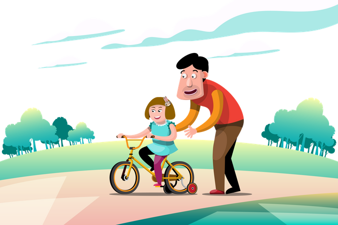 Dad teaching his daughter to ride Cycle Illustration