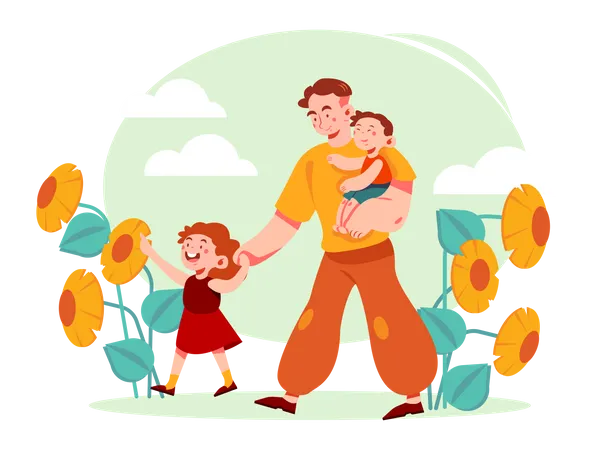Dad Walking with children  Illustration