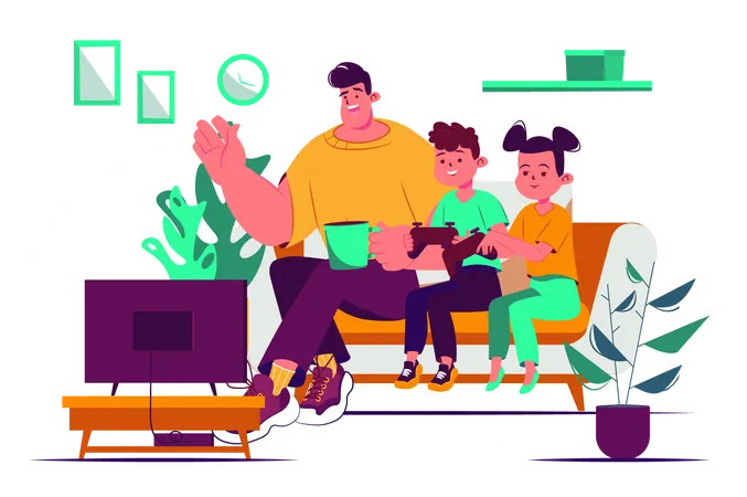 Gaming Concept With People Scene In The Flat Cartoon Style Dad With His Kids Playing Video Games In A Cozy Atmosphere Vector Illustration Illustration