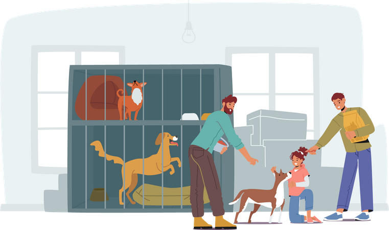 Dad with Kids Visit Adoption Center for Stray and Homeless Animals Illustration