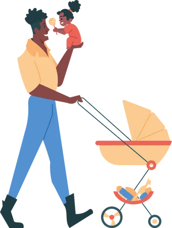 Dad with little daughter and stroller for walk Illustration