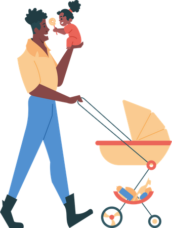 Dad with little daughter and stroller for walk  Illustration