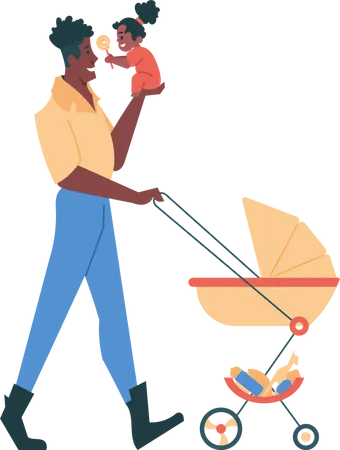 Dad with little daughter and stroller for walk  Illustration