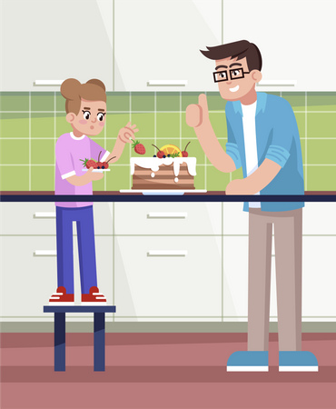 Daddy and daughter decorating pie Illustration