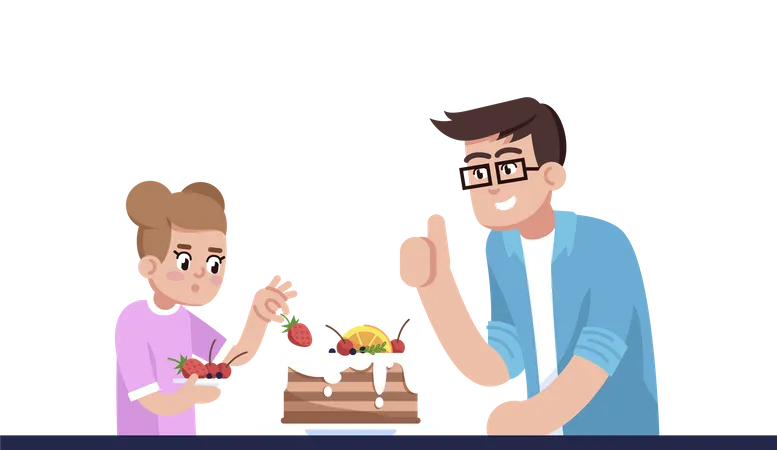 Daddy And Daughter Decorating Pie Illustration