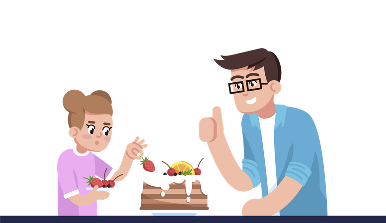 Daddy And Daughter Decorating Pie  Illustration