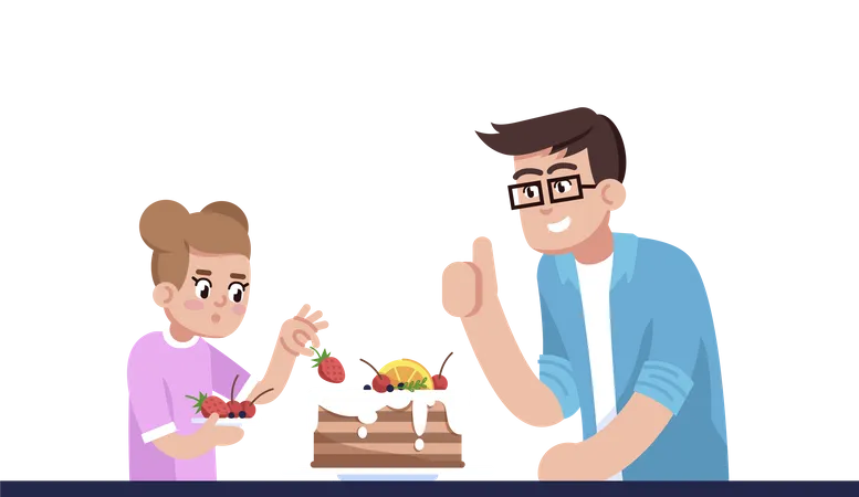 Daddy And Daughter Decorating Pie  Illustration