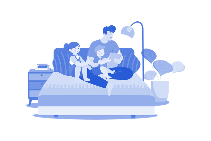Daddy And Kids Sitting Together With Storybooks  Illustration
