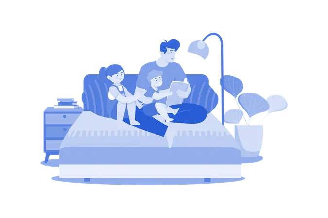 Daddy And Kids Sitting Together With Storybooks  Illustration