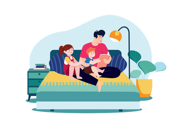 Daddy and kids sitting together with storybooks Illustration