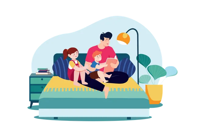 Daddy and kids sitting together with storybooks Illustration