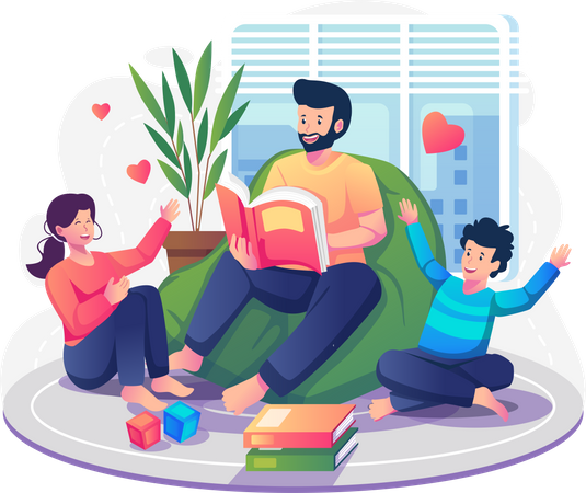 Daddy and kids sitting together with storybooks  Illustration