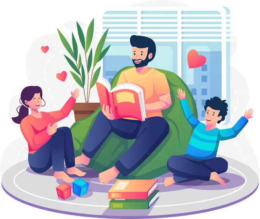 Daddy and kids sitting together with storybooks  Illustration