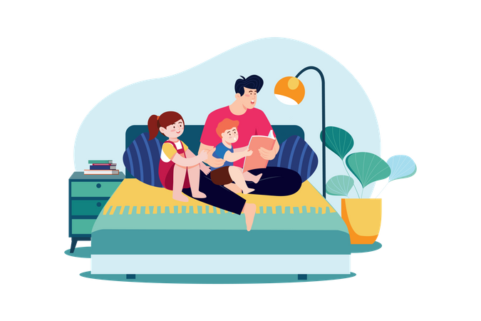 Daddy and kids sitting together with storybooks  Illustration