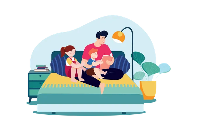 Daddy and kids sitting together with storybooks  Illustration