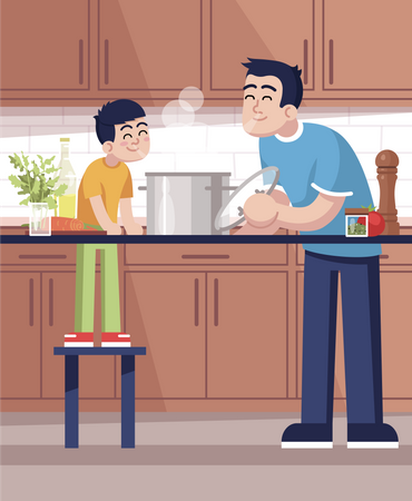 Daddy and son inhaling meal aroma Illustration