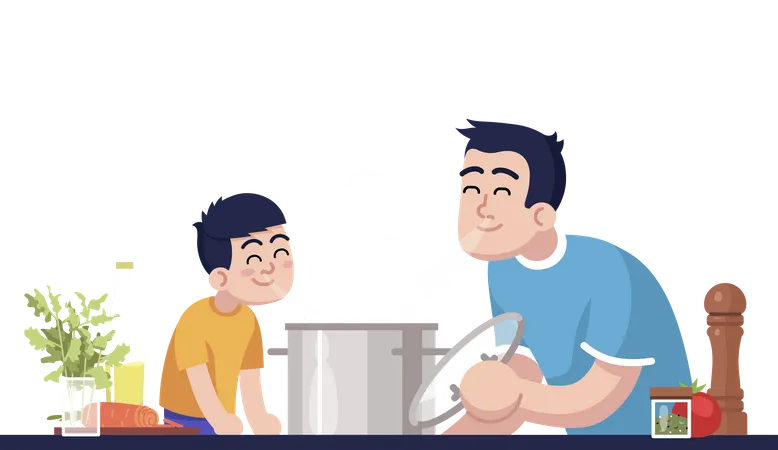 Daddy And Son Inhaling Meal Aroma Illustration