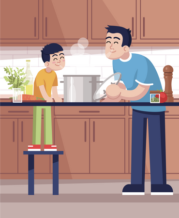 Daddy and son inhaling meal aroma  Illustration