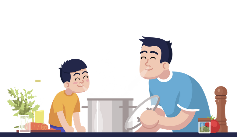 Daddy And Son Inhaling Meal Aroma  Illustration