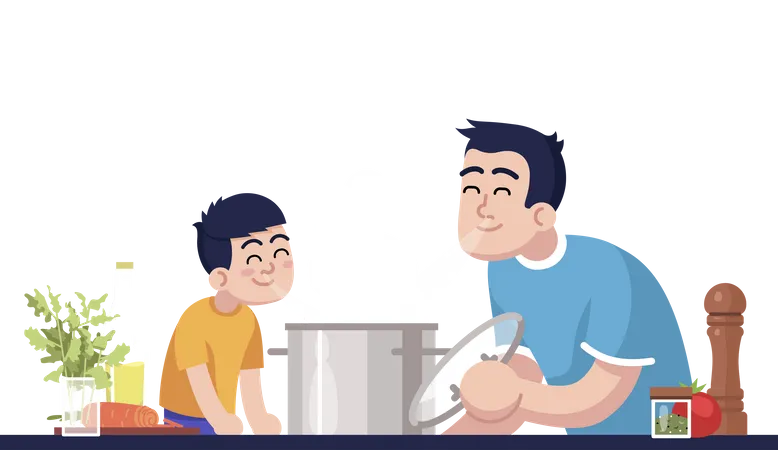 Daddy And Son Inhaling Meal Aroma  Illustration