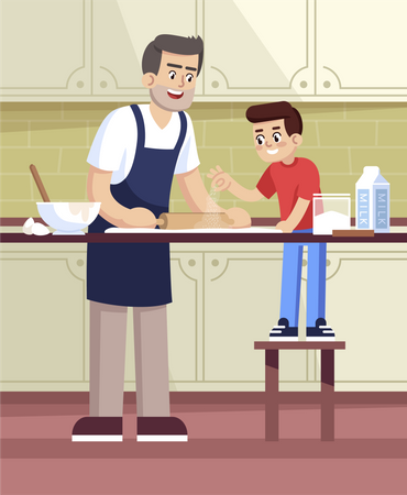 Daddy and son rolling out dough Illustration