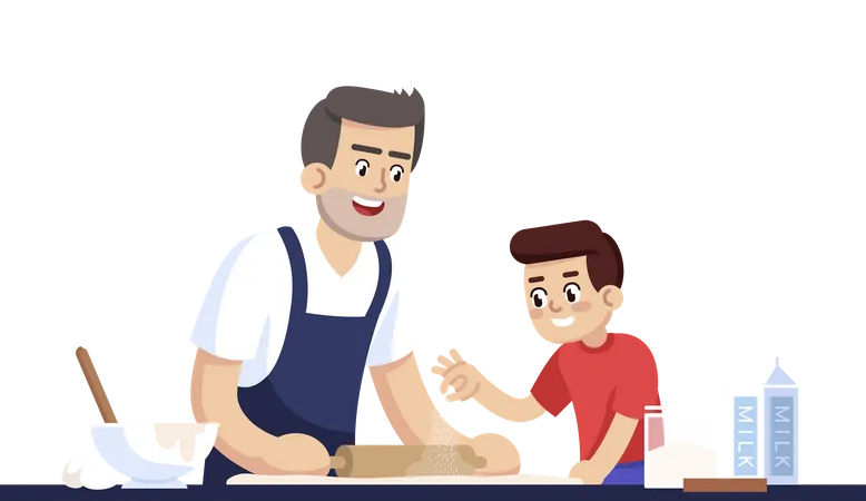 Daddy And Son Rolling Out Dough Illustration