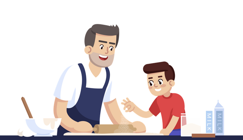 Daddy And Son Rolling Out Dough  Illustration