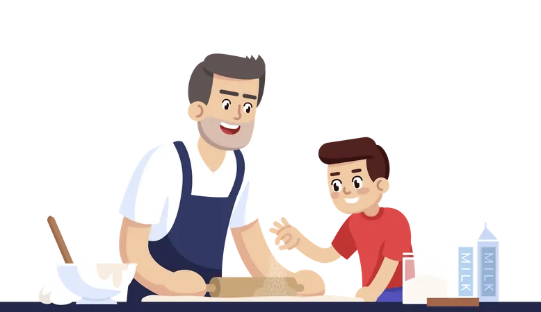 Daddy And Son Rolling Out Dough  Illustration