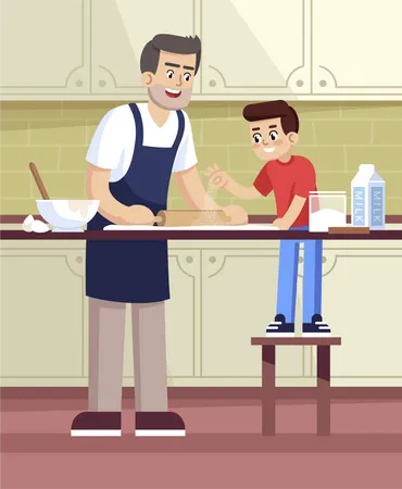 Daddy and son rolling out dough  Illustration