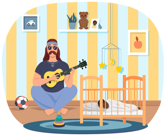 Daddy with ukulele sings songs to child at night  Illustration