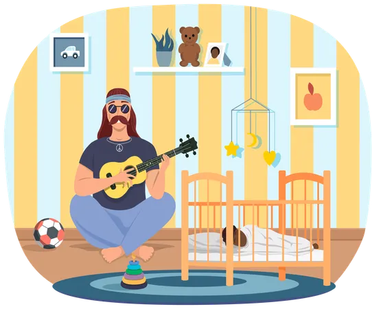 Daddy with ukulele sings songs to child at night  Illustration