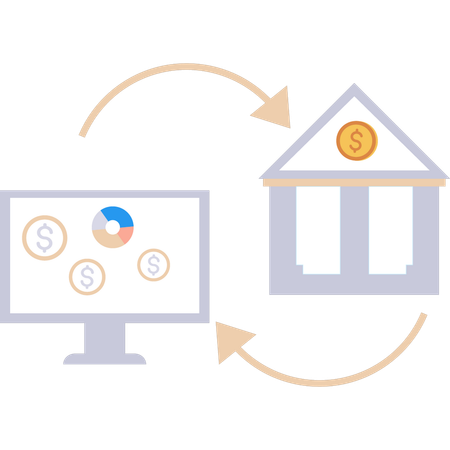 Dados de transações financeiras sendo transferidos do banco para a tela do monitor  Ilustração