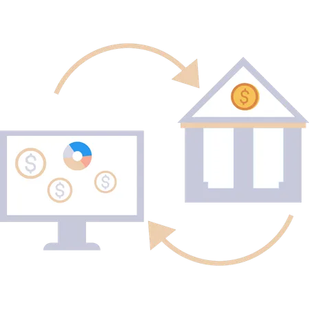 Dados de transações financeiras sendo transferidos do banco para a tela do monitor  Ilustração