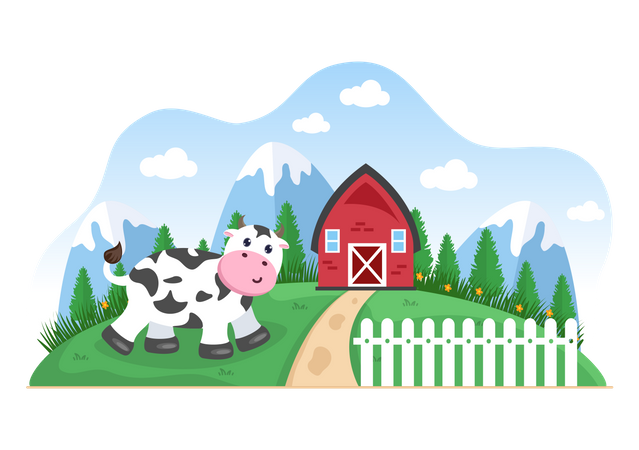 Dairy Cow at the Farmhouse Illustration
