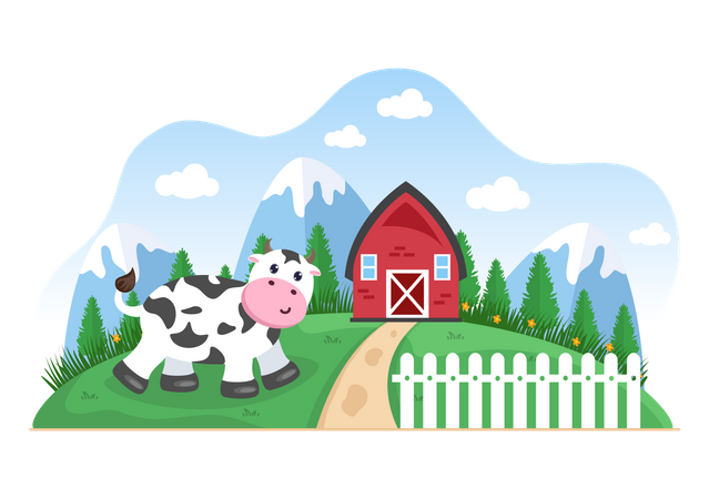 Dairy Cow at the Farmhouse  Illustration