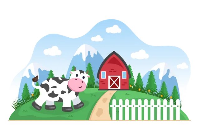 Dairy Cow at the Farmhouse  Illustration