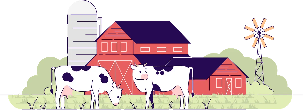 Dairy Farm Flat Vector Illustration Cows Grazing On Pasture Near Red Barns Cartoon Design Element With Outline Village Farmland With Barnyard Rural Ranch Livestock Farming Animal Husbandry Illustration