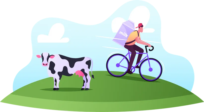 Milkman Profession Dairy Food Delivery Service Concept Company Delivering Milk By Bicycle Worker Male Character Wearing Uniform Work On Farm Shipping Milk To Clients Cartoon Vector Illustration Illustration