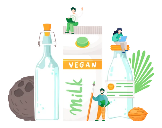 Vegan Coconut Walnut Milk Concept Bottles Package With Organic Natural Free Dairy Product Big Coco Whole Walnut Green Leaf Man With Pencil Leaves Guy And Girl Sitting At Top Of Bottle And Pack イラスト