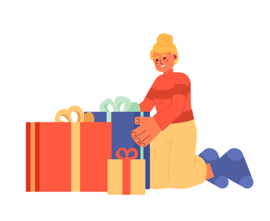 Señora caucásica empacando regalos para Navidad  Ilustración