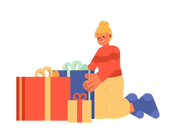 Señora caucásica empacando regalos para Navidad  Ilustración