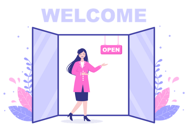 Señora dando la bienvenida a través de la puerta abierta  Ilustración
