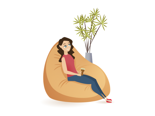Señora descansando mientras está sentada en una bolsa de frijoles sosteniendo una taza de café  Ilustración