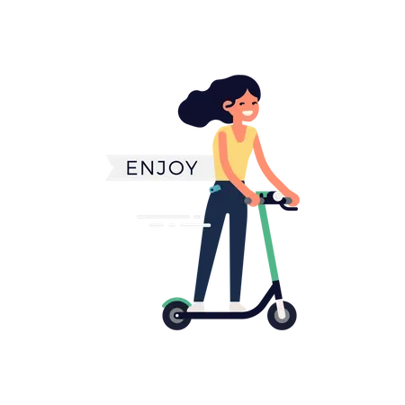 Señora disfrutando de alquiler de scooter eléctrico  Ilustración