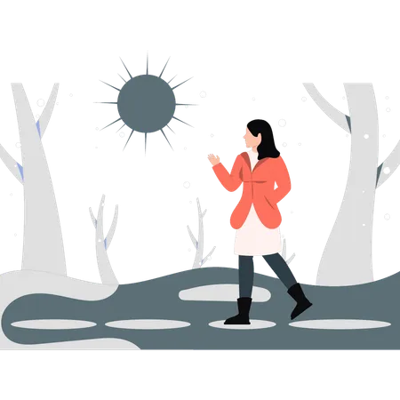 Señora disfrutando de los rayos del sol en la temporada de invierno  Ilustración