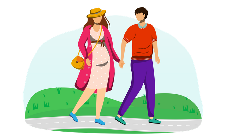 Mujer embarazada y marido caminan en el parque  Ilustración