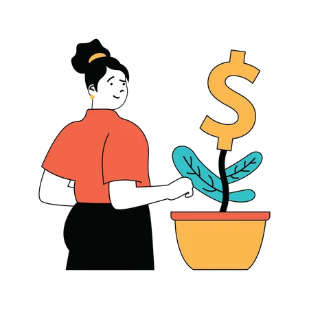 La dama está cultivando una planta de dinero.  Ilustración