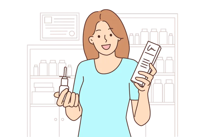 Señora feliz sosteniendo la botella de medicina  Ilustración